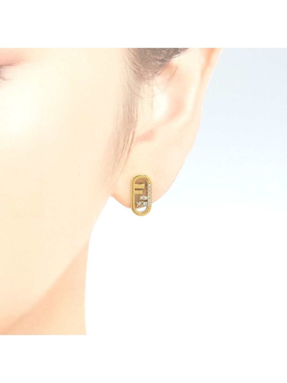 Fendi O'lock Earrings White Crystal Gold Polished Metal Stud